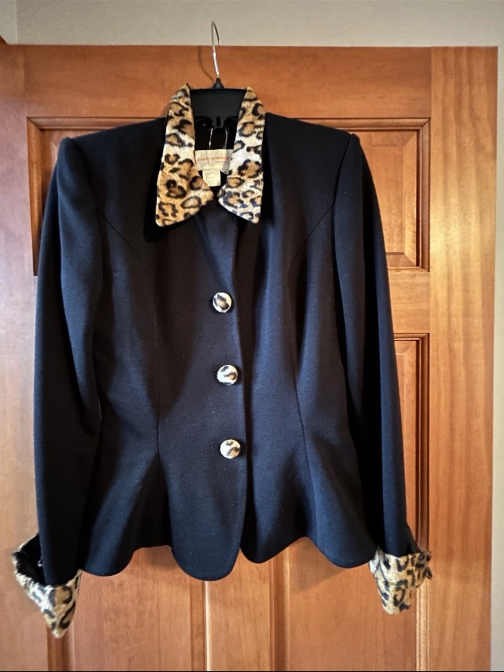 Black Blazer with Leopard-Print Collar and Cuff Accents